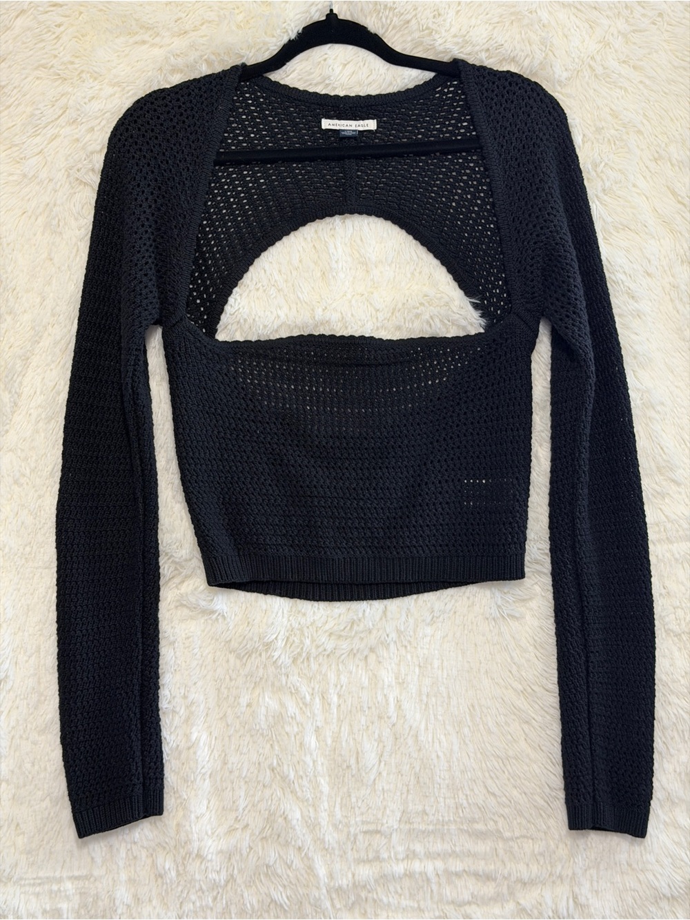 American Eagle Women Boho Fairy Grunge Crochet Knit Crop Top L Black Square Neck
